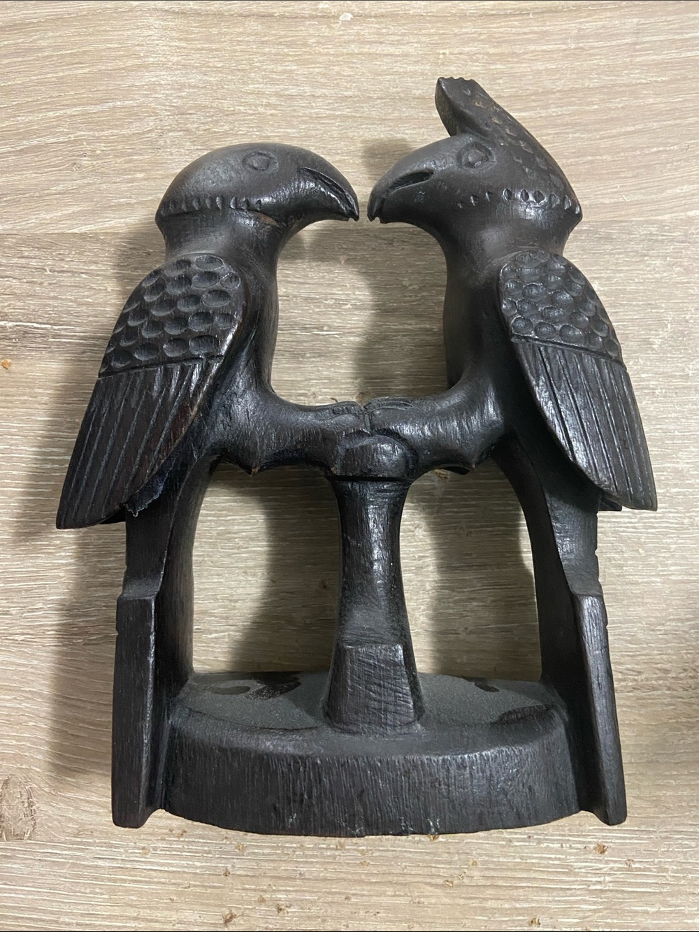 Vintage Hand-Carved Black Wooden Parrots Sculpture Home Accent